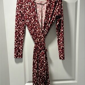 Ann Taylor Burgundy and Cream Long Sleeve Wrap Dress